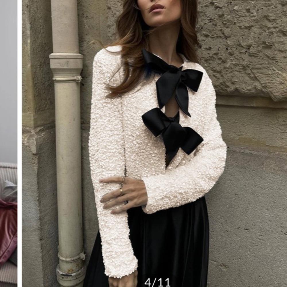 COMMENSE Cream Sequin Black Ribbon Bow Cardigan Jacket NWT - Picture 4 of 16